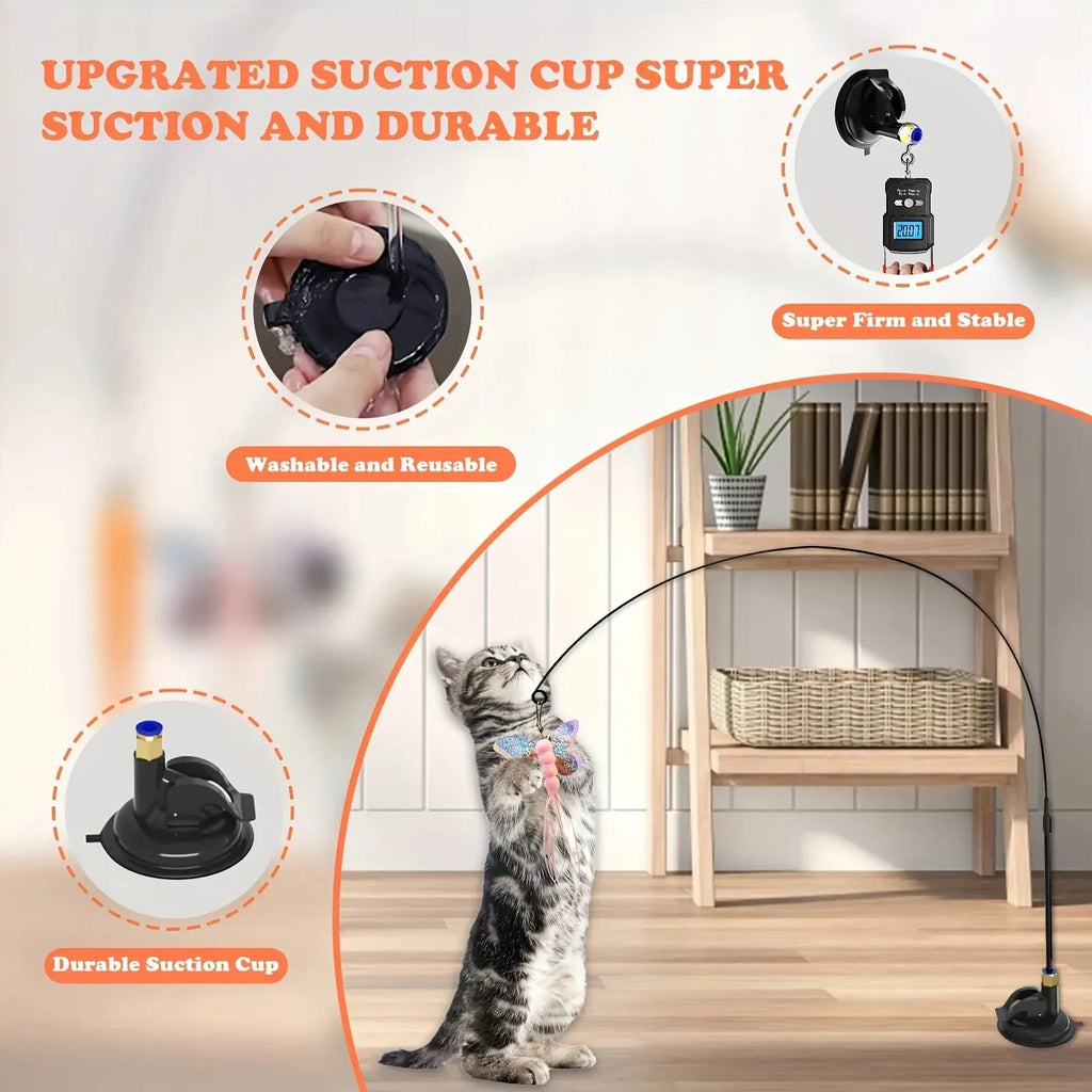 Interactive Cat Feather Wand Toy with Bell & Suction Cup