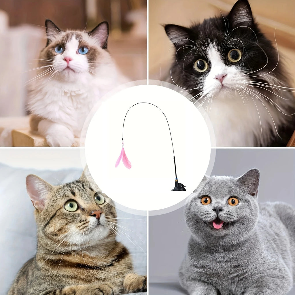Interactive Cat Feather Wand Toy with Bell & Suction Cup