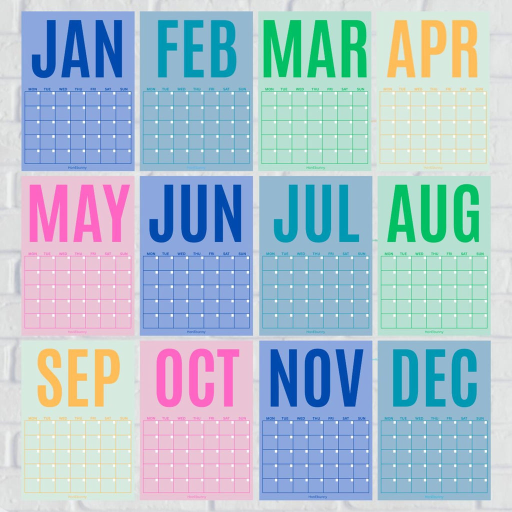 Colorful Monthly Wall Planner, Undated Calendar A3 A4 (Digital Download)
