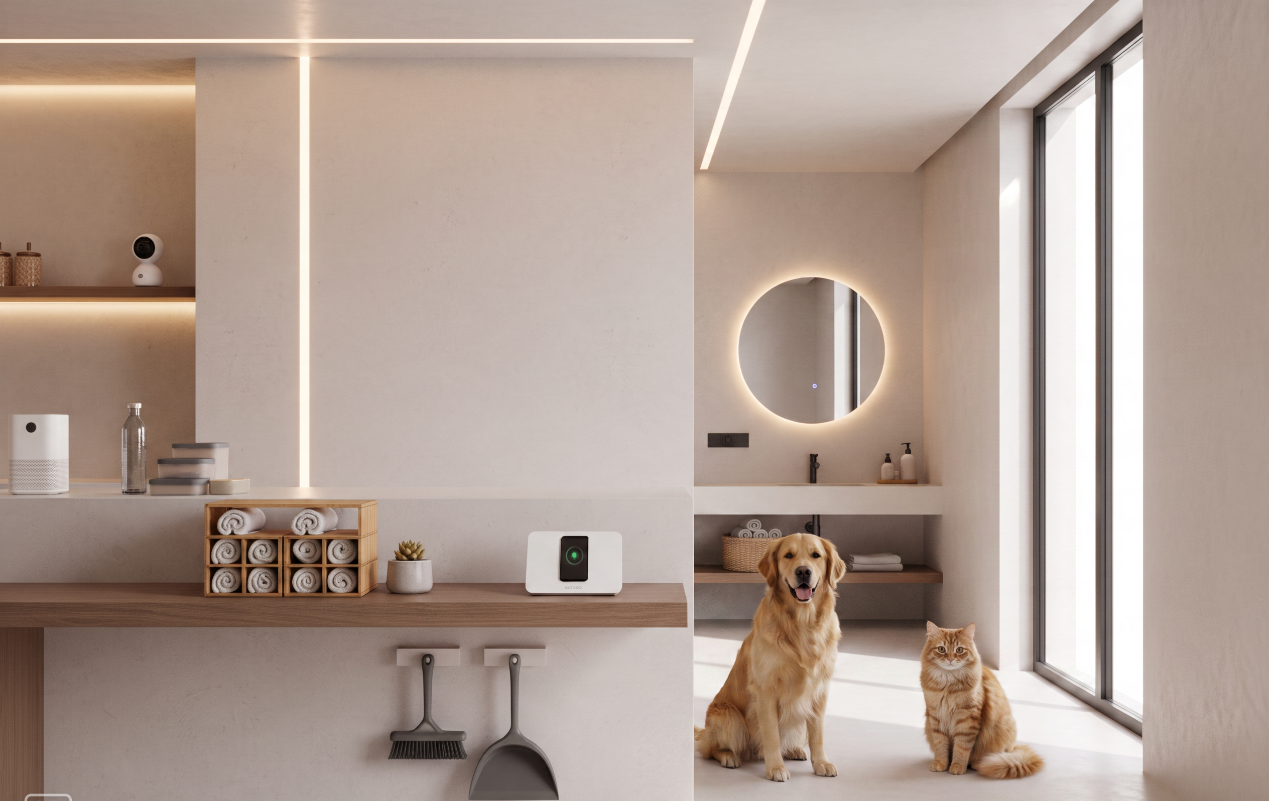 A modern home entryway with a golden retriever and an orange tabby cat sitting on the floor. The scene includes a built-in vanity with a round backlit mirror, shelves, a small countertop unit, and a wall-mounted dustpan and broom.